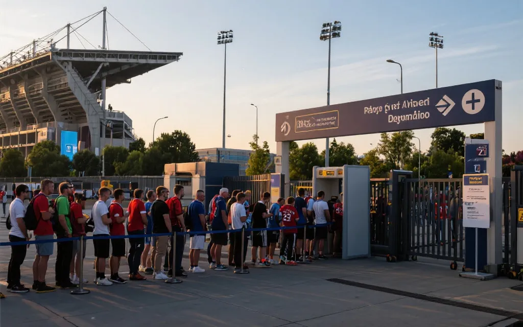 球迷在体育场入口有序排队、安检与指示牌清晰的观赛动线