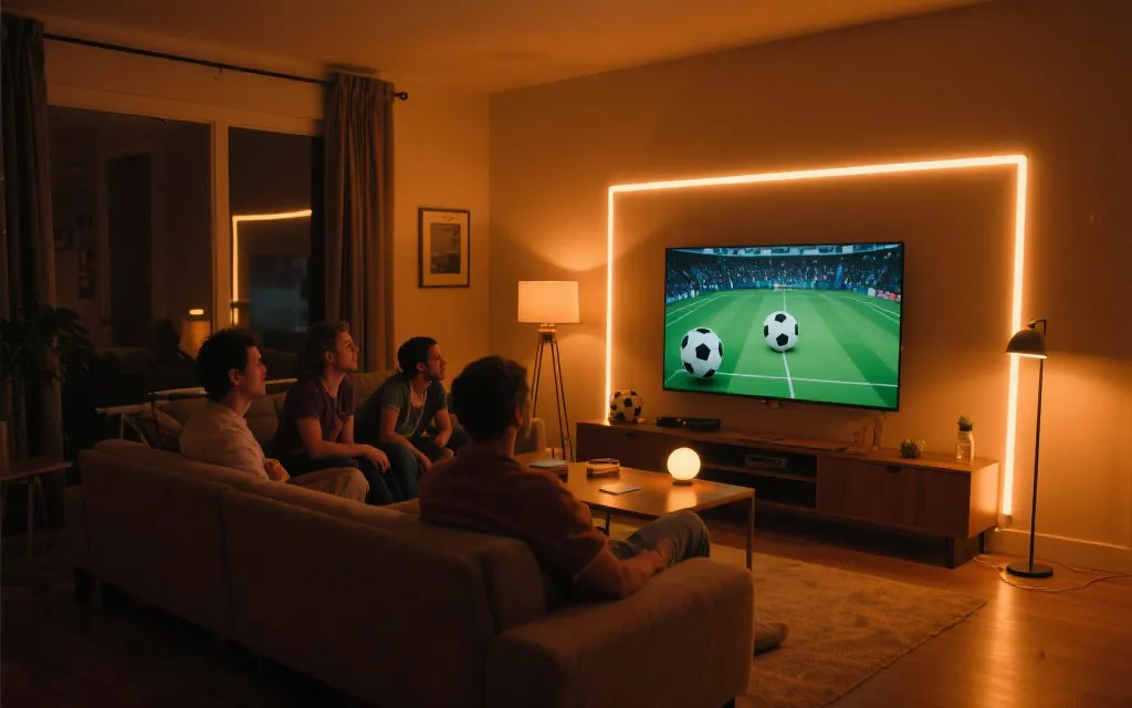 客厅观赛灯光布局示意：电视背光、侧边氛围灯、通道脚灯，朋友围坐观看足球